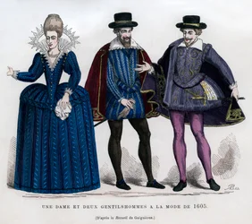 Une dame et deux messieurs en costume français de 1605, 1882-1884