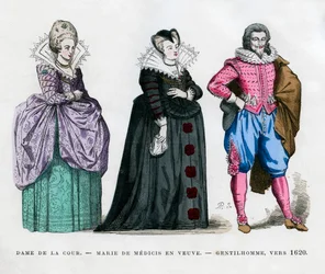 Une dame de la cour, Marie de Médicis en veuve, et un gentilhomme, vers 1620