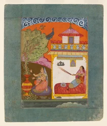 Une dame cueillant des feuilles, illustrant le mode musical Gunakali Ragini, vers 1675