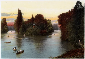 Un lac dans le Bois de Boulogne, Paris, vers 1900