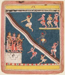 Une page du Rasikapriya de Kesava Das : Krishna et les Gopas plongent dans un étang, vers 1640
