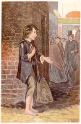 Un pauvre garçon, pieds nus et en haillons, mendiant à un coin de rue, vers 1880