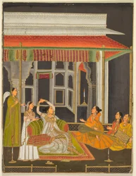 Une princesse sur une terrasse avec des serviteurs la nuit recto, calligraphie verso, vers 1760