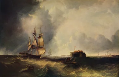 Un navire et des hommes dans une barque au large de Calais, vers 1830, 1938