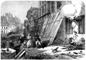 Une rue à Strasbourg pendant le siège et le bombardement, guerre franco-prussienne, 1870