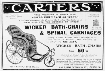 Publicité pour les fauteuils de bain en osier et les chariots vertébraux de Carters, 1916