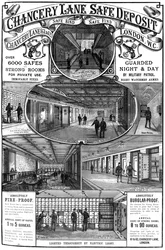 Publicité pour Chancery Lane Safe Deposit, Londres, 1887