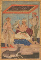 Akbar et Jahangir examinent un faucon Ghir tandis que le prince Khusrau se tient derrière, c. 1602-1604