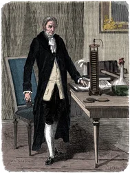 Alessandro Volta, physicien italien, démontrant sa pile électrique