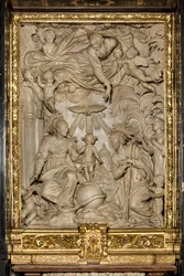 Autel de Saint Joseph ou Autel de la Sainte Famille, Haut Relief, Giacomo Bertesi (1668), Cathédrale de Santa Maria Assunta, Crémone, Lombardie, Italie (photo)