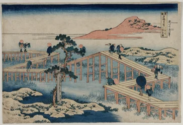 Une ancienne image du pont à huit parties dans la province de Mikawa..., début des années 1830