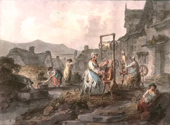 Scène en plein air de femmes au travail, vers 1900