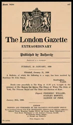 Un bulletin extraordinaire de la London Gazette annonçant la mort du roi George V, 1865-1936