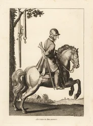 Ancien dragon à cheval avec casque, mousquet et corne à poudre