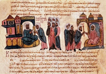 Andronic II Paléologue, avec son fils et des captifs (miniature byzantine)