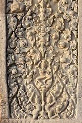 Angkor Wat, Détail sculpté sur le mur. Fleurs, Siem Reap, Cambodge