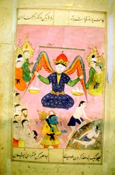 Manuscrit arabe représentant un ange pesant une âme