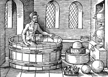 Archimède c287-212 av. J.-C., mathématicien et inventeur grec ancien, dans son bain