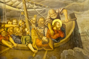 Église apostolique arménienne; fresque; tempête; Jésus avec ses disciples dans le bateau pendant une tempête; Église de Bethléem ou Église de Bedkhem; district de Julfa ou Jolfa; Ispahan; Iran; Asie