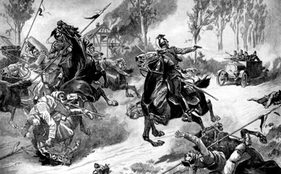 Troupes belges blindées sous attaque par les uhlans, Première Guerre mondiale, 1914