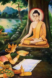 Le matin de son Éveil, le Bouddha ascète reçut de Nandabala un bol de riz au lait. Peinture représentant la vie du Bouddha Shakyamuni. Wat Ong Teu Mahawihan. Temple du Bouddha lourd. Vientiane. Laos, 20151028, Vientiane, Laos