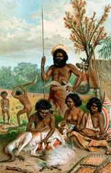 Aborigènes australiens dépeçant un kangourou, 1885-1888