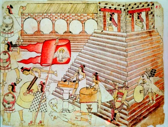 Guerriers aztèques défendant le temple de Tenochtitlan contre les conquistadors