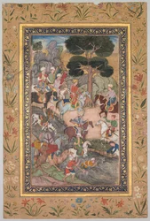 Babur rencontrant le sultan Ali Mirza à la rivière Kohik, du Babur-nama Mémoires de Babur, c. 159