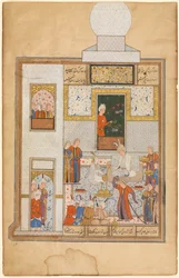 Bahram visite le pavillon à dôme blanc recto, partie du Khamsa de Nizami, Haft Paykar, vers 1560