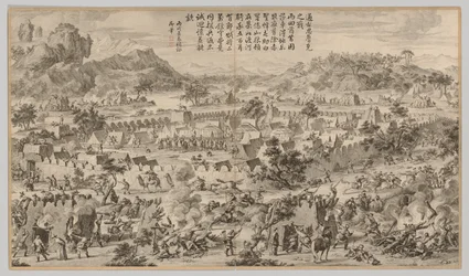 Bataille à Tunggushi Luke : des Scènes de bataille de la répression des rébellions..., vers 1765-1774