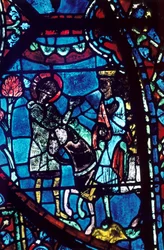 Baudoin annonce à Charlemagne la mort de Roland, vitrail, Cathédrale de Chartres, 1194-1260