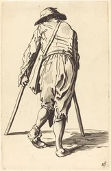 Mendiant avec des béquilles et un chapeau, vue de dos