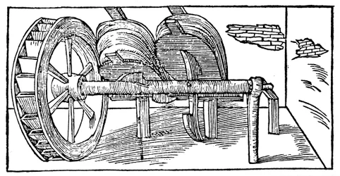 Soufflets actionnés par un arbre à cames alimenté par une roue à eau, 1540
