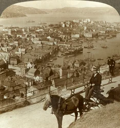 Bergen, vue ouest depuis le Floifjeld, sur le port à droite et Puddefjord au loin, Norvège, c1905