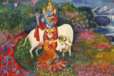 Peinture représentant Krishna et une vache, Watford, Grande-Bretagne