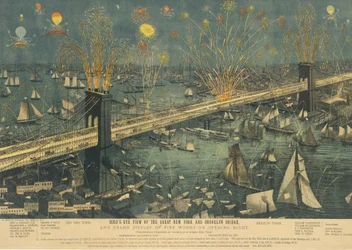 Vue aérienne du grand pont de New York et Brooklyn, et grand feu d