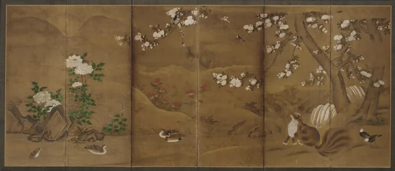 Oiseaux, fleurs des saisons et civettes, période Muromachi ou Momoyama, XVIe siècle