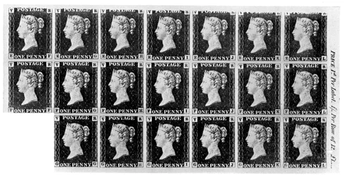 Bloc de vingt timbres Penny Black, 1840, 1910
