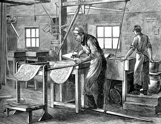 Imprimeurs de blocs au travail, vers 1880