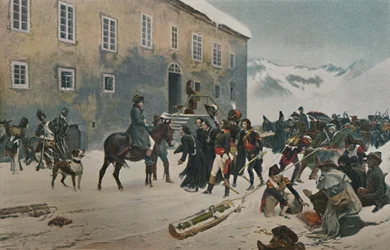 Bonaparte reçu par les moines du mont Saint-Bernard. Passage des Alpes, mai 1800
