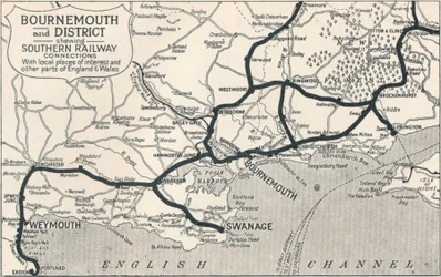 Bournemouth et district, montrant les connexions de la Southern Railway, 1929