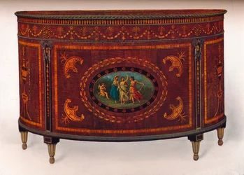 Commode à Fronton Arrondi, avec Moulures et Têtes en Métal, plaquée et incrustée de bois colorés