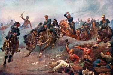 Artillerie britannique entrant dans les lignes ennemies à Tel-El-Kebir, 1882, vers 1920