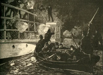Les forces britanniques capturant le navire rebelle canadien Caroline sur la rivière Niagara