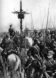 Troupes britanniques traversant un village galicien, Espagne, Première Guerre mondiale, 1914