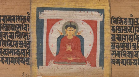 Bouddha en trône dans un sanctuaire, Feuille de...Pancavimsatisahasrika Prajnaparamita..., vers 1090
