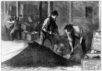 Conditionnement du thé dans un entrepôt de thé, 1874