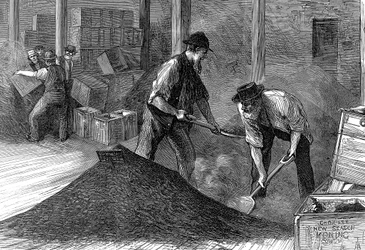 Emballage du thé dans les entrepôts de la East & West India Dock Company, Londres, 1874