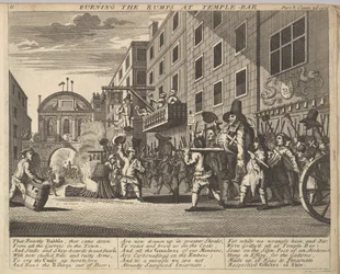 Brûler les Rumps à Temple Bar Planche 11 : Illustrations de Hudibras de Samuel Butler, 1725-30