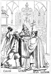 Calvin, Luther et le Pape se battant, publié en 1600